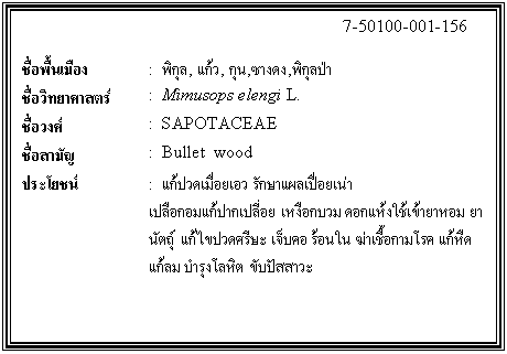 กล่องข้อความ: 7-50100-001-156 ชื่อพื้นเมือง : พิกุล, แก้ว, กุน,ซางดง,พิกุลป่า ชื่อวิทยาศาสตร์ : Mimusops elengi L. ชื่อวงศ์ : SAPOTACEAE ชื่อสามัญ : Bullet wood ประโยชน์ : แก้ปวดเมื่อยเอว รักษาแผลเปื่อยเน่า เปลือกอมแก้ปากเปลี่อย เหงือกบวม ดอกแห้งใช้เข้ายาหอม ยานัตถุ์ แก้ไขปวดศรีษะ เจ็บคอ ร้อนใน ฆ่าเชื้อกามโรค แก้หืด แก้ลม บำรุงโลหิต ขับปัสสาวะ